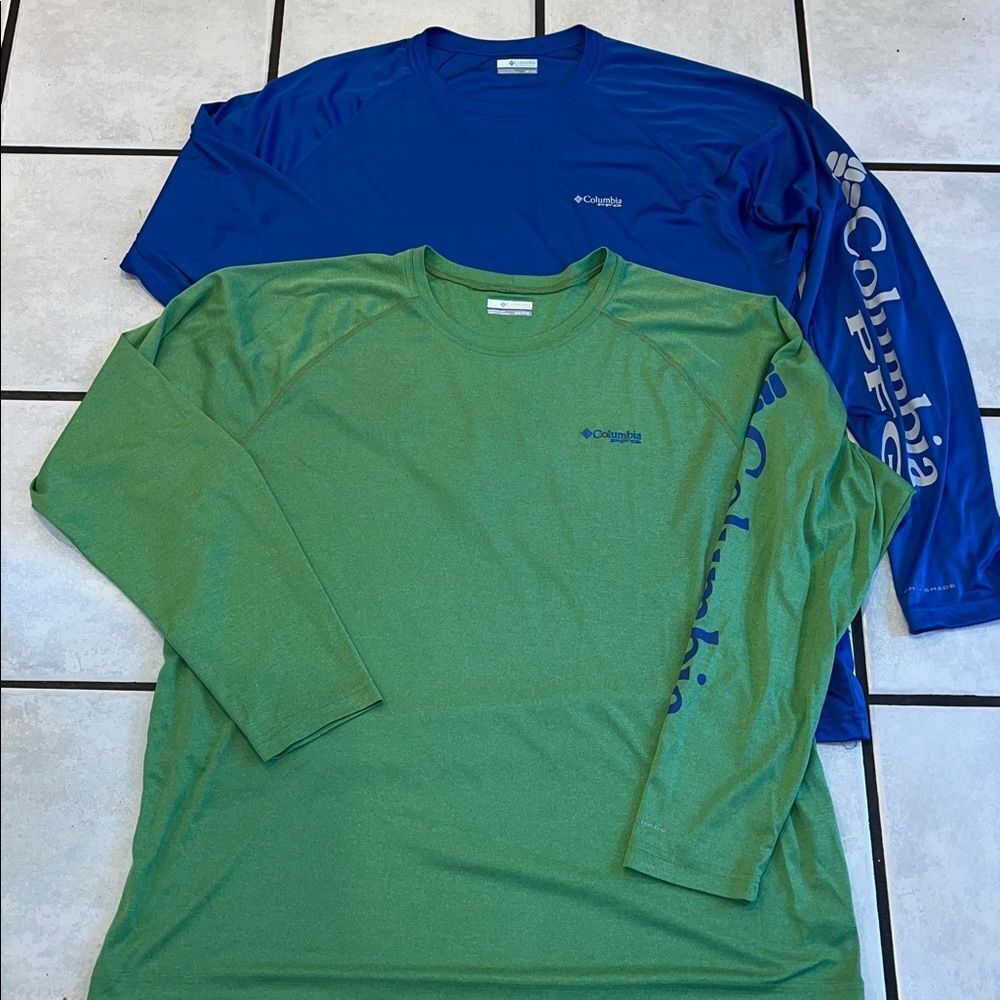 2 New COLUMBIA PFG Terminal Tackle Green / Duke Royal Blue OmniShade LS Shirt 2X